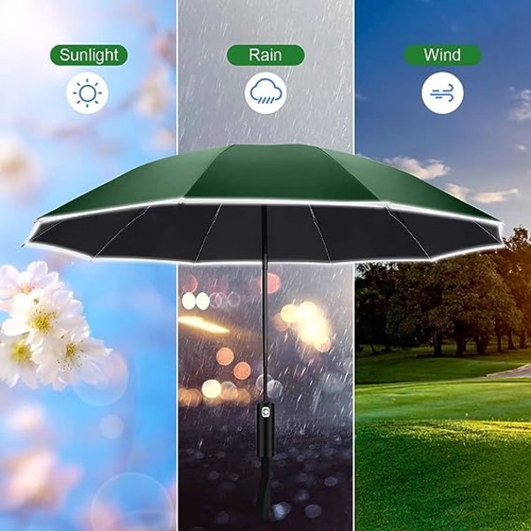 Taitettava sateenvarjo, käänteinen sateenvarjo, tuulenpitävä, vahva, automaattisesti avautuva/sulkeutuva, UV-suojattu, kompakti, kannettava matkasateenvarjo heijastavilla raidoilla sadeauringolle