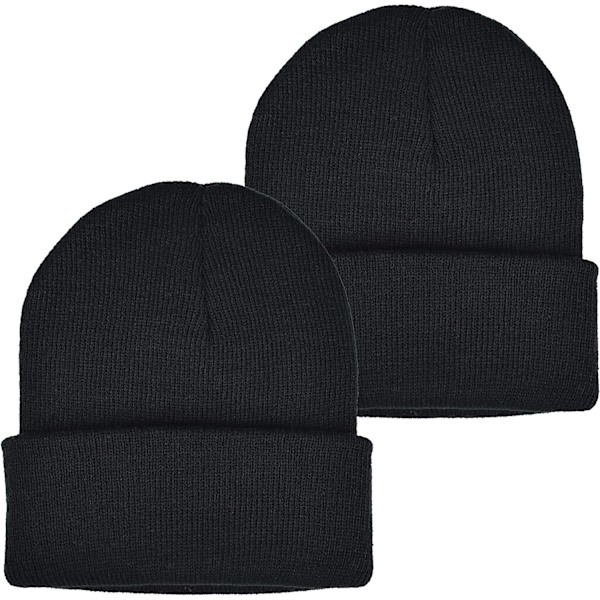 Strikket Hat med Foldet Kant, 2-pak Unisex Klassisk Strikket Hat Stræk Blød Tyk Varmt Vinter Hverdag Hat Sort