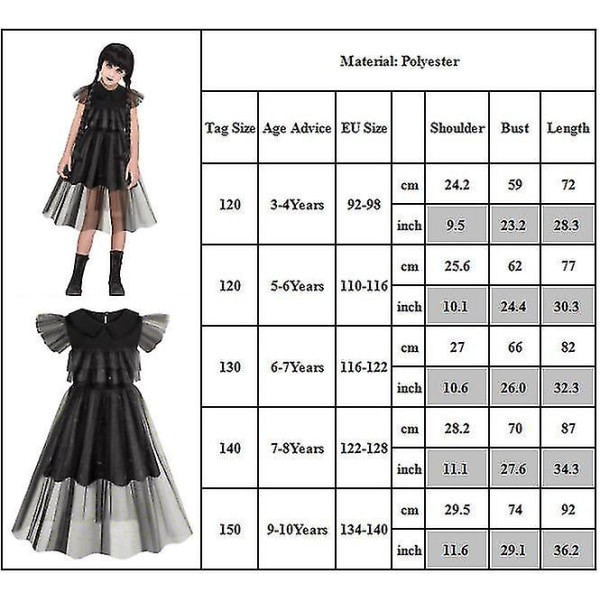2023 3-10 år Piger Børn Onsdage Addams Dress Fancy Dress Up Cosplay Party Gothic Kjoler 7-8Years