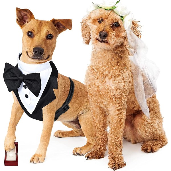 Hundesmoking bandana, sort sløjfe hundesele, justerbar hundesmoking formelle hundesele Forlovelsesfødselsdagskostumer L