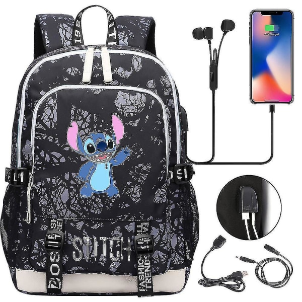 Stitch-matkalaukku, koululaukku USB latauksella, Oxford-reppu Lilo- ja Stitch-faneille, teinien kannettavan tietokoneen laukku, ihanteellinen syntymäpäivälahjakassi 8