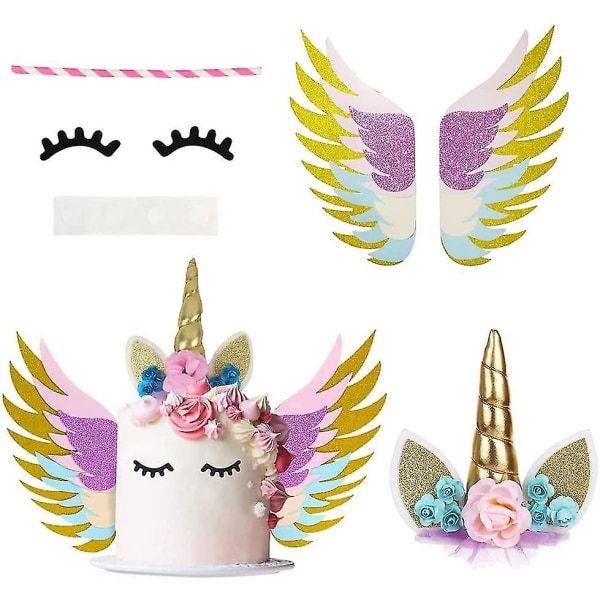 Unicorn Cake Topper Set regnbågsfärg med ögonfransar Vingar för enhörningstema