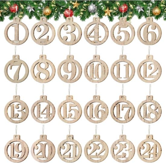 DIY-adventskalender med tretall, julepynt & gavelapper - 1-24 nedtellingstall