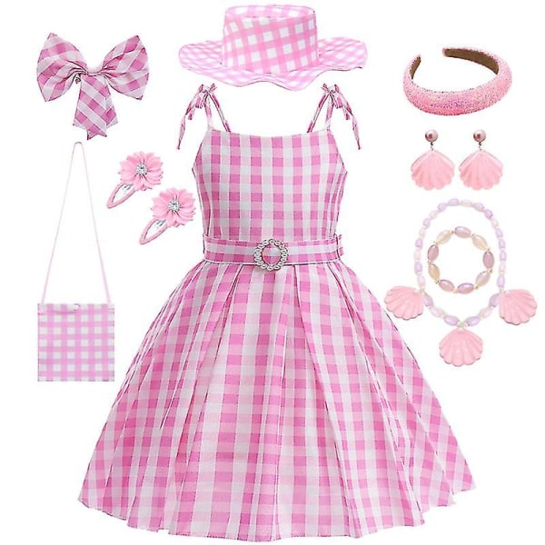 Barbie Filmklänning för Flickor Rosa Rutiga Margot Robbie Cosplay Barnprinsessklänning Födelsedag Halloween Karnevalfest Vestidos Pink Dress Sets 01 140CM