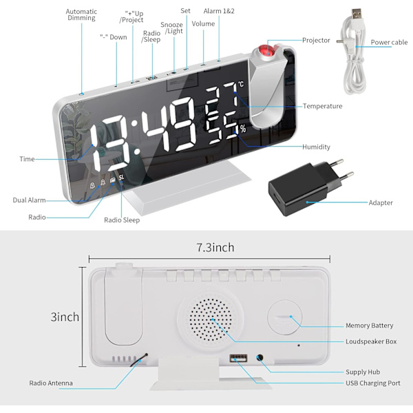 Projector Alarm Clock, Clock Radio with Temperature, Humidity, 7.5 Inch Mirror LED Display, with Automatic Dimming Function, (White)