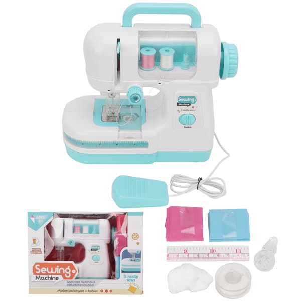 Mini Portable Blue Double Stitch Simulation Sewing Machine Toy with Bobbin for Ages 3 and Up