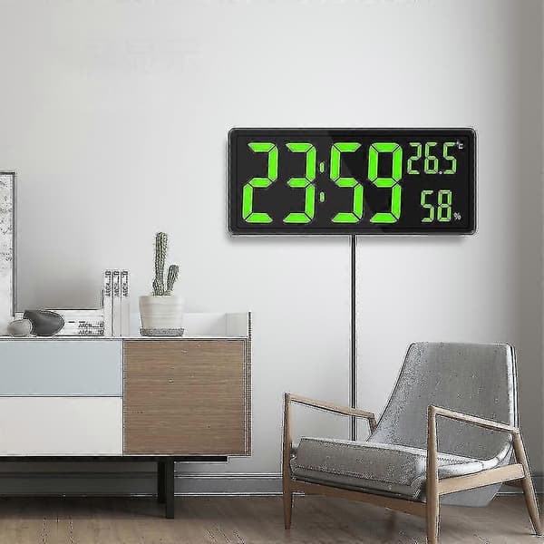 Digital klocka stor display, stor digital väggklocka med temperatur och luftfuktighet, digital väggklocka med LED-siffror för sovrum, kontor grön green