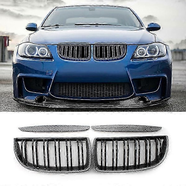 Bil Kulfiber Look Front Kidney Grille Dobbelte Lameller til 3-serie E90 E91 2005-2008