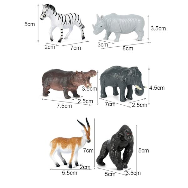 6 stk Dyremodeller Kognitive Evner Klar Tekstur Luktfri Actionfigurleketøy Zebra Neshorn Flodhest Elefant Antilope Sjimpanse Combo For Barn B