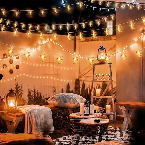 Silikon-fe-lys for julepynt Stjerne og måne, varme farger. Star and moon, warm colors. 20 m200lamps plug-in version