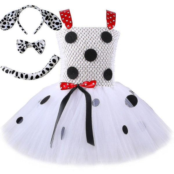 Tyttöjen Cruella de Vil Tutu-mekko Pisteellinen Dalmatianien Pahiksen Halloween-asu Lapsille Hieno Karnevaali Juhlapukeutumisvaatteet 4-5Y