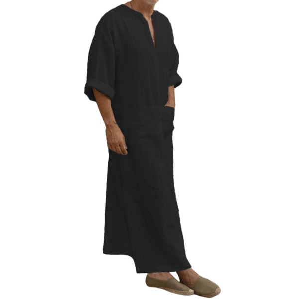 Män Arab Muslim Long Robe Kläder Casual Middle East Islamic Thobe Kaftan Robes Black M