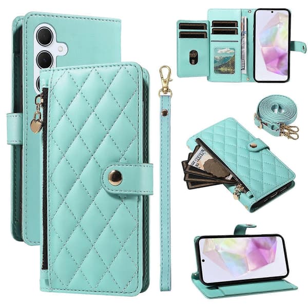 Plånboksfodral med remmar för Samsung Galaxy A35 5G, rombmönstrat läderställ Multicolor Light Green