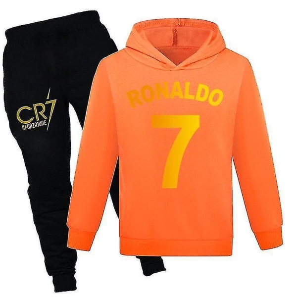 Barn Gutter Ronaldo 7 Print Uformelt hettegenser Joggedresssett Hoody Toppbuksedress 2-14 år 120CM 5-6Y Orange