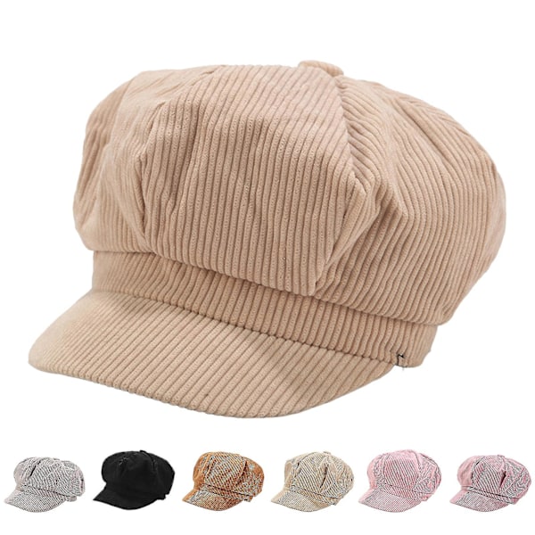 Visirkeps i Retro Brittisk Stil, 8-Panel, Kalla-Resistent Corduroy, Kvinna, Åttkantig Newsboy Cabbie Målarhatt (FMY) Beige