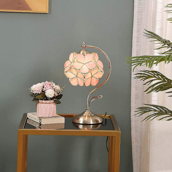 L30732 Kirsikankukka Tiffany-tyylinen lasimaalaus pöytälamppu 8 tuuman leveällä kukka-varjostimella Vintage