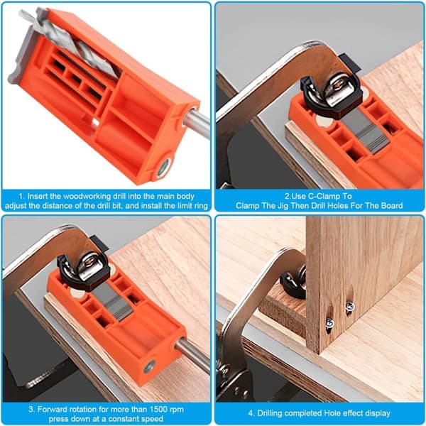 Pocket Hole Jig Set, 15° Oblique Hole Drill Jig, Woodworking Angle Drill Guide KLB