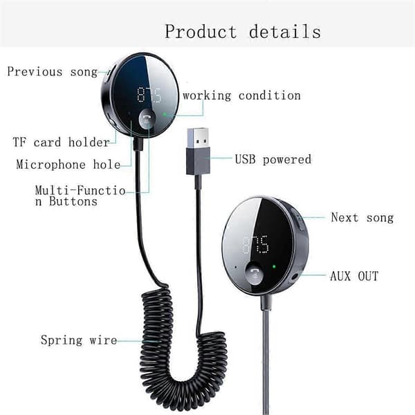 Bluetooth FM-sender for bil, Bluetooth AUX-adapter, Bluetooth-mottaker for bilmusikk/håndfri Black