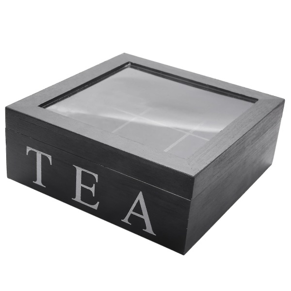 Trä Tebox med 9 Fack för Tepåsar, Förvaringslåda, Kvadratisk Presentask, Transparent Lock, Smyckeskrin
