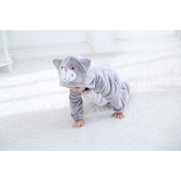 Reedca Dinosaur Kostume til Småbørn - Sød Hættetrøje Onesie Dyrekostume til Halloween Gray Cat 6-12 Months