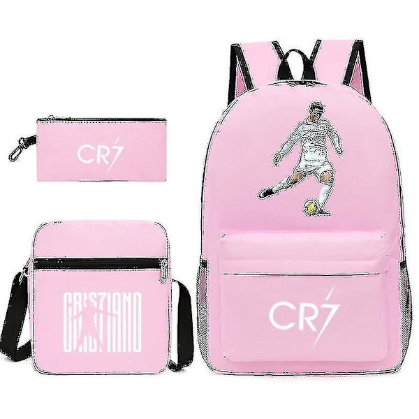 Fodboldstjerne C Ronaldo Cr7 trykt rygsæk omkring den studerende tredelt rygsæk. Pink 2 backpack