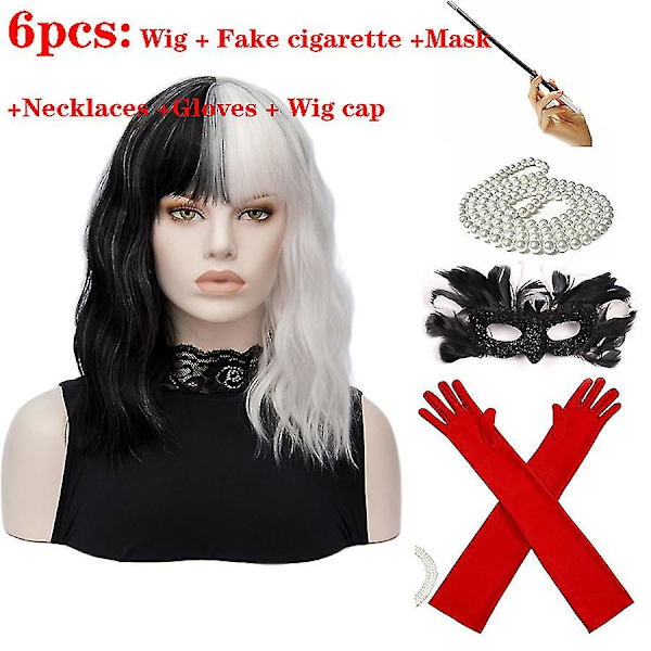 Cosplay Halloween Kostymfest Peruk Cruella De Vil Svart Vit Med Lugg Kort Bob Dam Peruk Värmebeständig Syntetisk Peruk F3