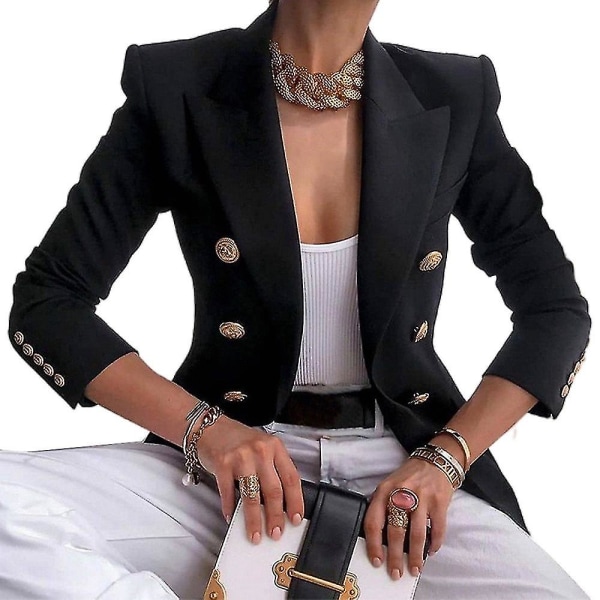 Naisten kaksirivinen bleiseri takki pitkähihainen rintatakki syksyn syksyn casual Slim Fit päällysvaatteet Black M