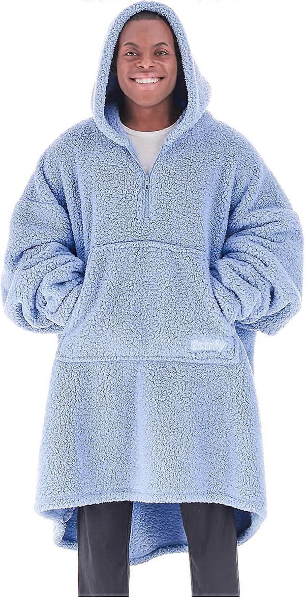 Teddy Bear Quarter Zip Oversized Microfiber Sherpa Bærbar Blanket Med Lynlås One Size denim
