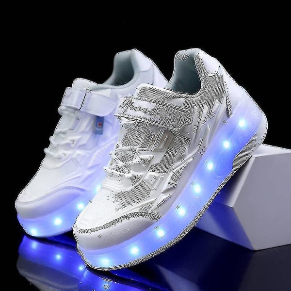 Barn Sneakers Dubbelhjuliga Skor Led Ljusskor Q7-yky White 34