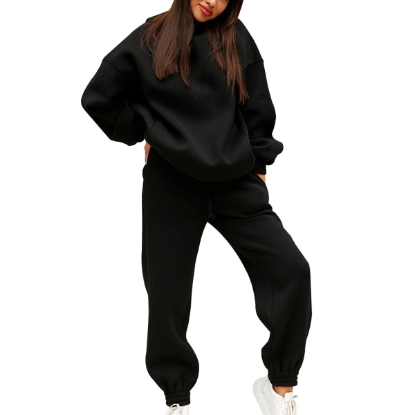 2-delt Hættetrøje Sæt Ensfarvet Pullover Sweatshirt & Sweatpants tyk træningsdragt Black XL