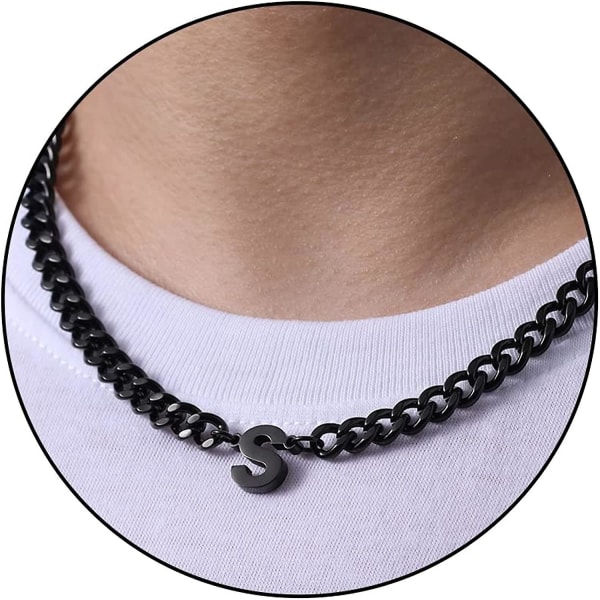 Indledende A-z cubanske kædekæde halskæde til drenge mænd kvinder brevvedhæng rustfrit stål 6,5 mm 18+2 tommer smykkegave Black S