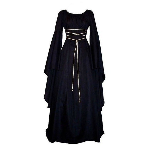 Kvinner renessanse middelalderske maxi kjole gotisk cosplay kostyme Black XL