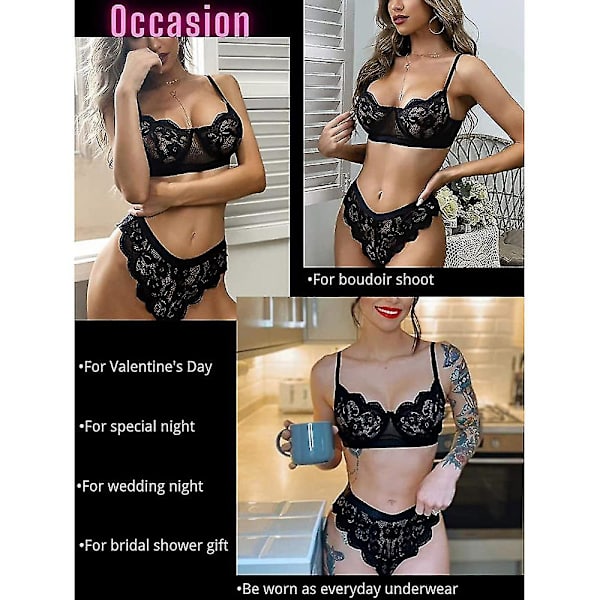 Kvinners Lingerisett Sexy Gjennomsiktig Blonder BH Høy Midje Tanga Undertøy Nattøy Black XL