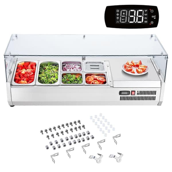 Kølebord til tilbehør, 140 W kølebord til tilbehør, med 2 1/3 beholdere og 4 1/6 beholdere, 304 rustfrit stål