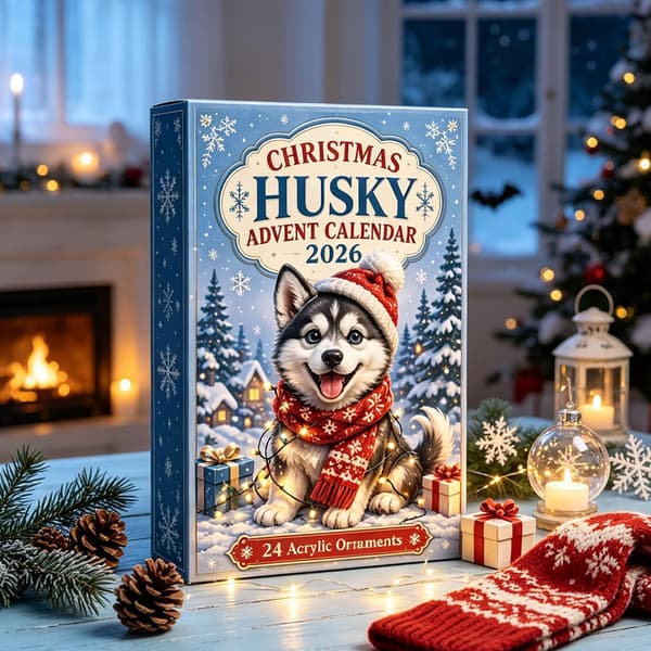 Adventskalender 2026 Hund Akrylprynt Gaveeske 24 Rom - 24 dagers julenedtelling - samlebare hundefigurer