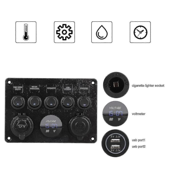5-vägs 12v/24v Inline-säkringsbox LED-strömbrytarpanel Dubbel USB Bil Båt Lastbil Husbil