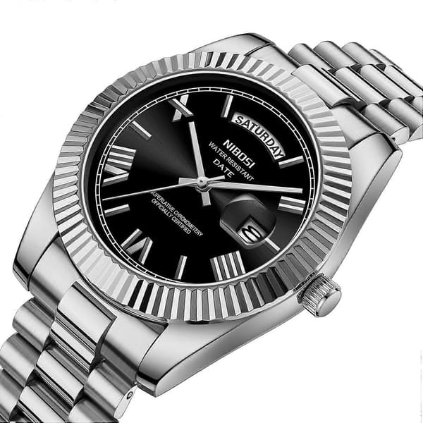 NIBOSI 2628 Mode Herr Stålarmband Kalender Quartz Klocka - Multicolor Silver Strap Black Dial