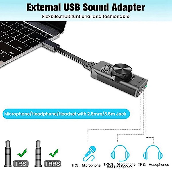 USB Lydkort Adapter 7.1 Kanaler 3.5mm Lydgrensesnitt USB2.0 Mikrofon Hodesett Dataspill So