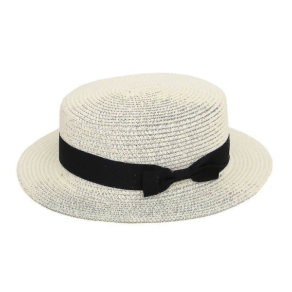 Dame Beach Bowler Halm Båter Hat Rund Flat Caps Bred Brim Milk White