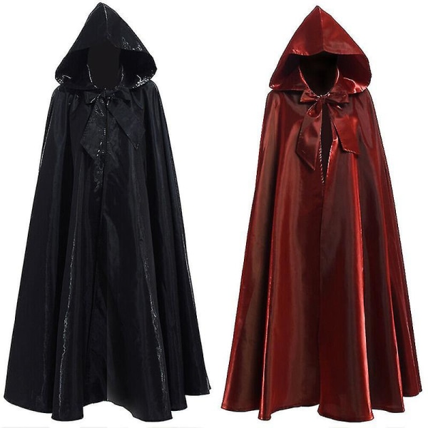 Halloween Kostume 2022 - Lang Kåbe med Hætte i Satin Rød - Heks/Troldmand - Voksen Red 130cm