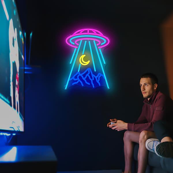 UFO Neonskylt för Väggdekor Alien Rymdskepp Berg Neonskylt Dimbar Måne LED Neonljusskyltar Ljusskylt för Sovrum Rymdspelrum Dekor