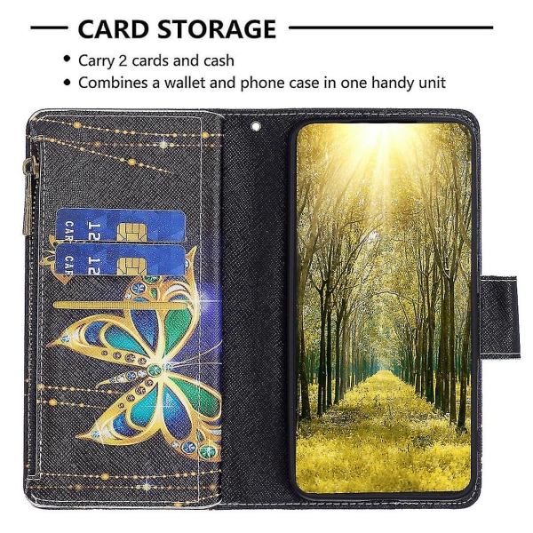 Læder Telefonetui med Lynlås Lomme til Nokia G22 Bf03 Mønstertryk Wallet Foldbar Stativ Cover Rhinestone Butterfly