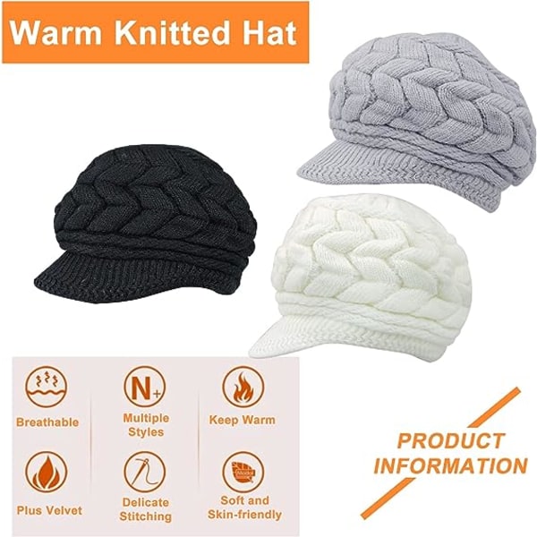 Women Winter Knit Hat with Brim Black White Grey, Elegant Beanie Cap with Warm Fleece Lined