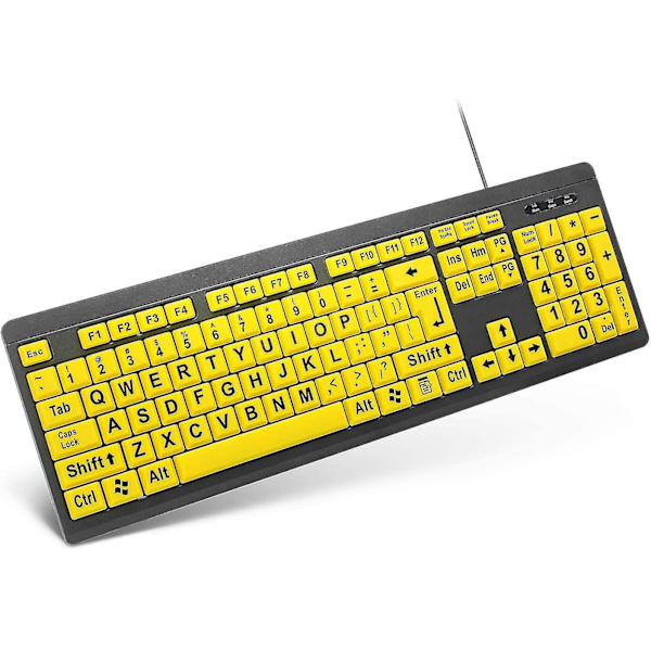 Stort trykk datatastatur, kablet USB høy kontrast tastatur med overdimensjonerte bokstaver for synshemmede med lavt syn (gul+svart
