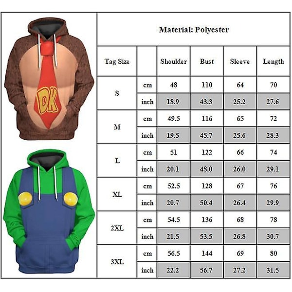 Mario Luigi Peach Bowser Donkey Kong Kostume Voksne Hoodies Unisex Langærmede Trøjer Super Mario Bros Film Hoodie Cosplay Kostumer Donkey Kong Donkey Kong 2XL