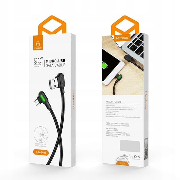 MCDODO VINKELKABEL 90° MICRO USB HURTIGLADING DOBBELSIDIG QC 3 LED 2M