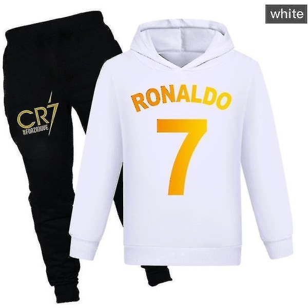 Barn Gutter Ronaldo 7 Print Uformelt hettegenser Joggedresssett Hoody Toppbuksedress 2-14 år 130CM 7-8Y White
