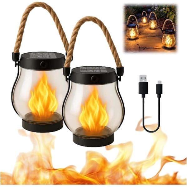 2-pack Solar Outdoor Lantern, Waterproof Flickering Flame Solar Light, Comes with Hemp Rope, Suitable for Hanging in Gardens, Courtyards 2pcs