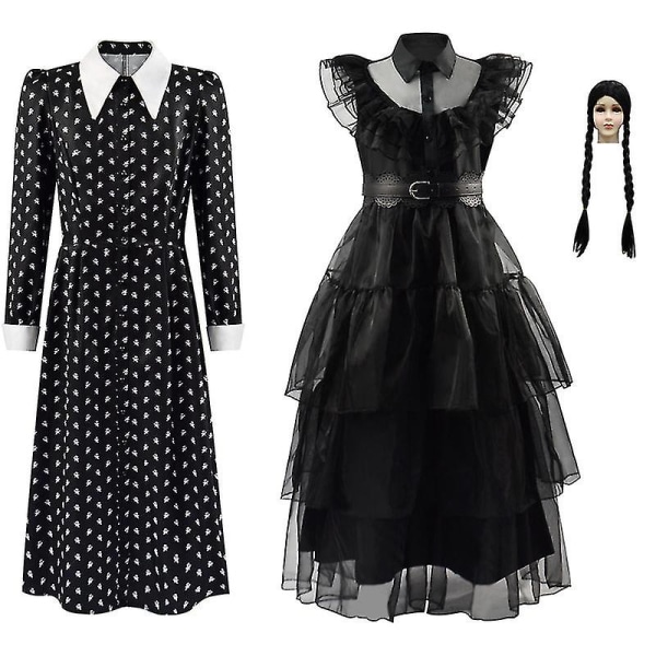 2023 Ny Cosdaddy Wednesday Addams Familj Cosplay Kostymklänning Barn Flickor Svart Klänning Peruk Halloween Kostym T4 150