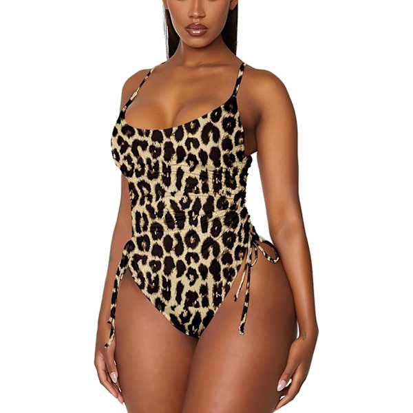 Dames Rynket Højbenet Badedragt Tummy Control Monokini Bikini Khaki L